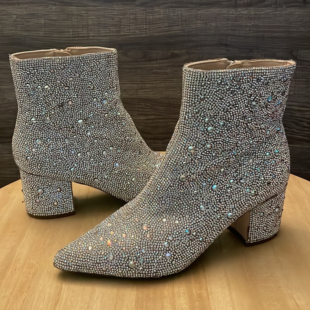 Betsey Johnson Kyla Rhinestone Studded Pointed Toe Booties Iridescent Silver